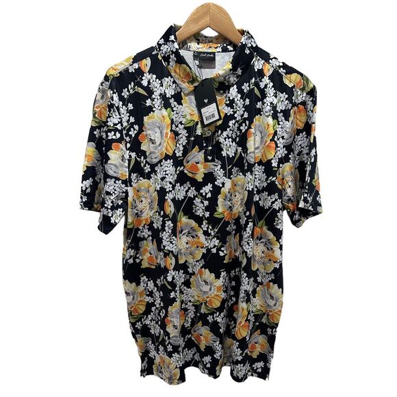 Bad Birdie NEW Men's Size XL Golf Polo Shirt "Huntington" Black Floral Stretch - Picture 2 of 6